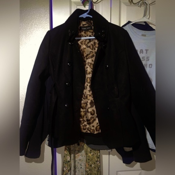 Black Rivet pea coat, black with animal print lining - Picture 1 of 9